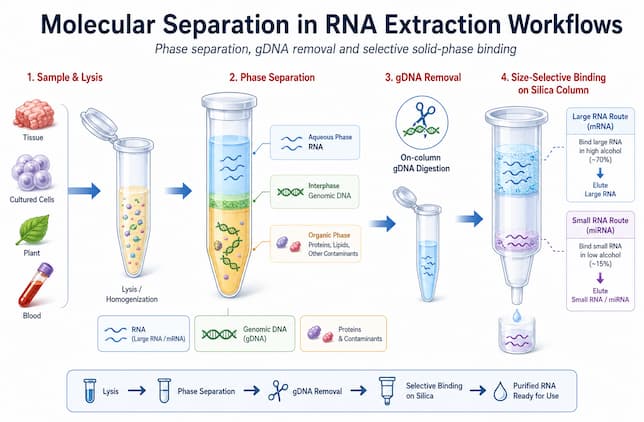 Mechanism overview of RNA extraction workflows showing phase separation, gDNA removal, alcohol-controlled silica binding, large RNA recovery and miRNA separation.